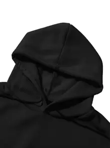 SHEIN LUNE Slogan Graphic Thermal Lined Drawstring Hoodie - Black - View 4