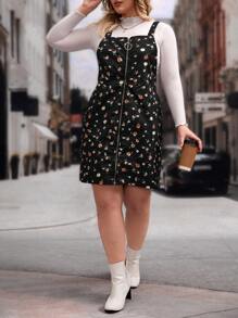 SHEIN VCAY Plus Ditsy Floral Print Pinafore Dress Without Jumper - Black - View 4