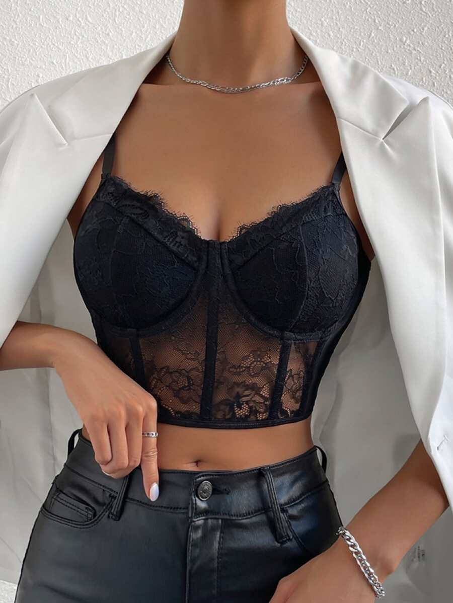 SHEIN Allurite Contrast Lace Bustier Crop Cami Top - Black - View 1