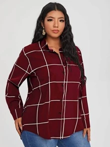SHEIN LUNE Plus Plaid Button Through Shirt - Maroon - View 3