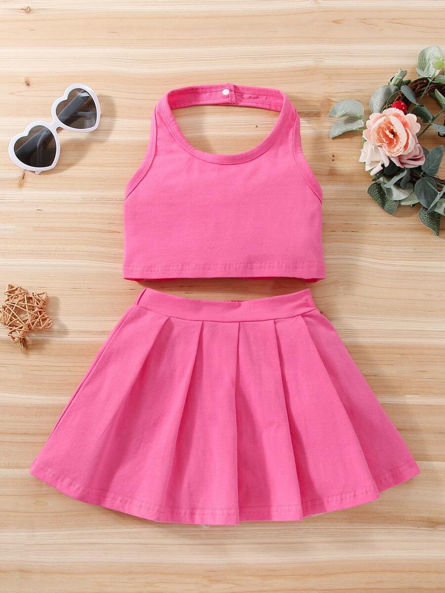 SHEIN Toddler Girls Halter Top & Pleated Skirt - Hot Pink - View 1