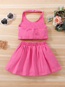 SHEIN Toddler Girls Halter Top & Pleated Skirt - Hot Pink - View 2