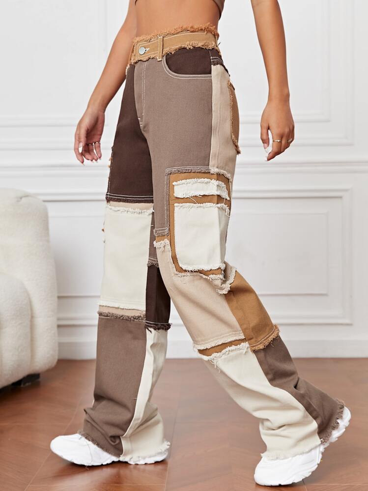 SHEIN EZwear Custom Fashion Women Vintage Y2k Stitching Jeans Hip Hop Street Washed Design Patchwork Print Raw Edge Denim Pants Y2k