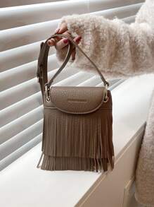 LECEY Mini Fringe Decor Flap Crossbody Bag - Coffee Brown - View 2