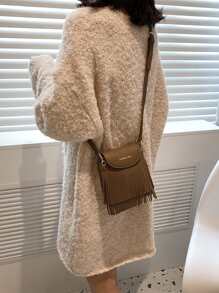 LECEY Mini Fringe Decor Flap Crossbody Bag - Coffee Brown - View 3
