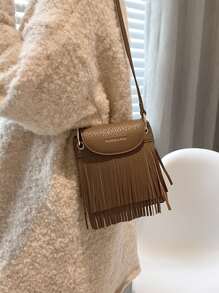 LECEY Mini Fringe Decor Flap Crossbody Bag - Coffee Brown - View 4