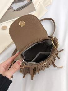 LECEY Mini Fringe Decor Flap Crossbody Bag - Coffee Brown - View 6