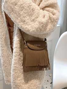 LECEY Mini Fringe Decor Flap Crossbody Bag - Coffee Brown - View 7