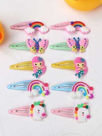 10pcs Assorted Cute Unicorn, Rainbow, Butterfly Hair Clips For Girls, Plastic Soft Hairpins With Mermaid, Unicorn, Cloud Patterns