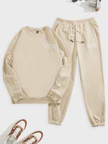 Manfinity Men Slogan Graphic Sweatshirt & Joggers - Beige - View 1