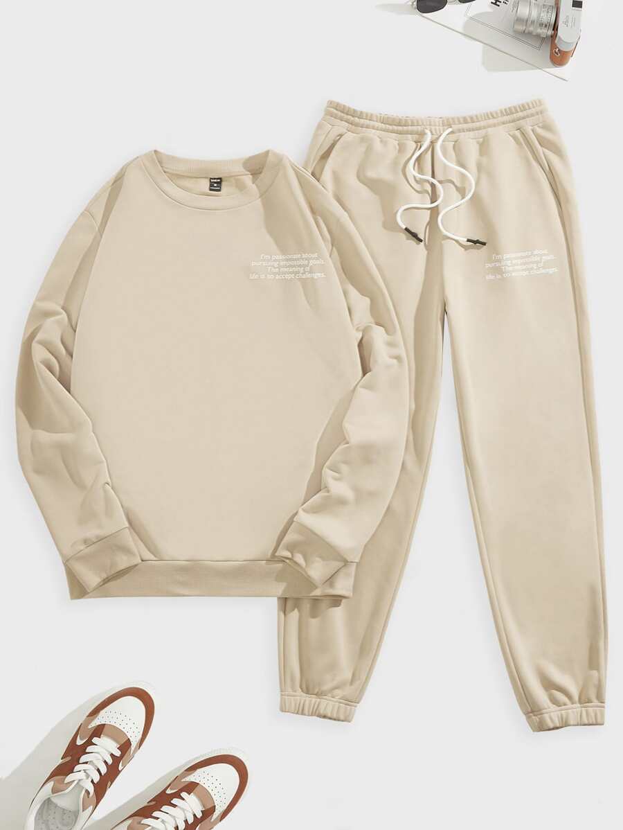 Manfinity Men Slogan Graphic Sweatshirt & Joggers - Beige - View 1