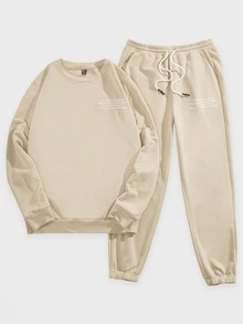 Manfinity Men Slogan Graphic Sweatshirt & Joggers - Beige - View 3