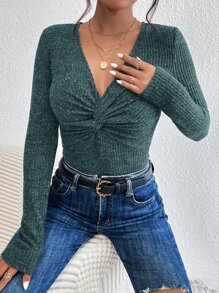 SHEIN Privé Áo thun nữ xoắn lại màu trơn Giải trí - Màu xanh lá cây đậm - Xem 5
