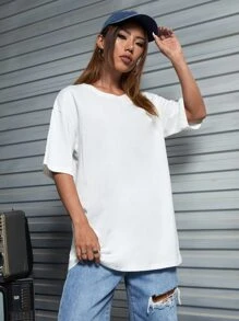 JoyandElle 卡通臉和標語圖案落肩袖超大號T恤 - 白色 - 查看 3