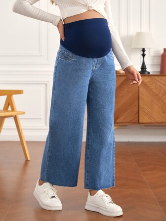 SHEIN Maternity Adjustable Elastic Waist Frayed Hem Wide Leg Jeans