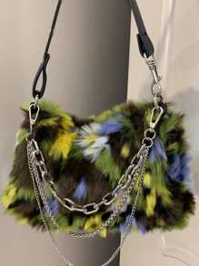 Lightweight,Business Casual Fuzzy, Soft, Plush Floral Pattern Chain Decor Fluffy Hobo Bag For Girls, Women, College Students, Rookies & White-collar Workers For Work, Office, Commute, For Autumn & Winter, Warm Winter, Outdoors For Teen Girls Women College Students,Rookies & White-collar Workers Perfect for Office,College,Work ,Business,Commute,Outdoors, Travel, Outings - Multicolor - View 2