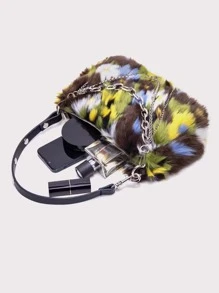 Lightweight,Business Casual Fuzzy, Soft, Plush Floral Pattern Chain Decor Fluffy Hobo Bag For Girls, Women, College Students, Rookies & White-collar Workers For Work, Office, Commute, For Autumn & Winter, Warm Winter, Outdoors For Teen Girls Women College Students,Rookies & White-collar Workers Perfect for Office,College,Work ,Business,Commute,Outdoors, Travel, Outings - Multicolor - View 4