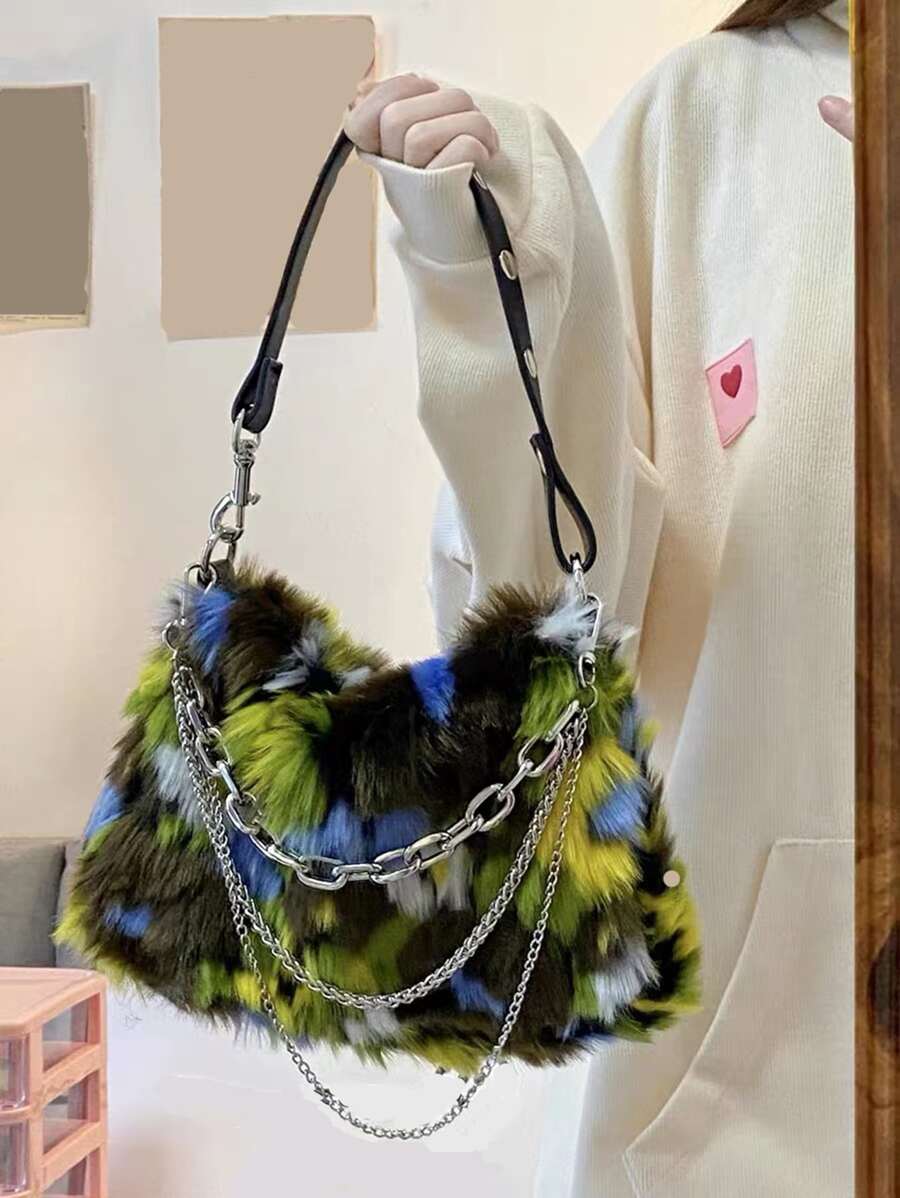 Lightweight,Business Casual Fuzzy, Soft, Plush Floral Pattern Chain Decor Fluffy Hobo Bag For Girls, Women, College Students, Rookies & White-collar Workers For Work, Office, Commute, For Autumn & Winter, Warm Winter, Outdoors For Teen Girls Women College Students,Rookies & White-collar Workers Perfect for Office,College,Work ,Business,Commute,Outdoors, Travel, Outings - Multicolor - View 1