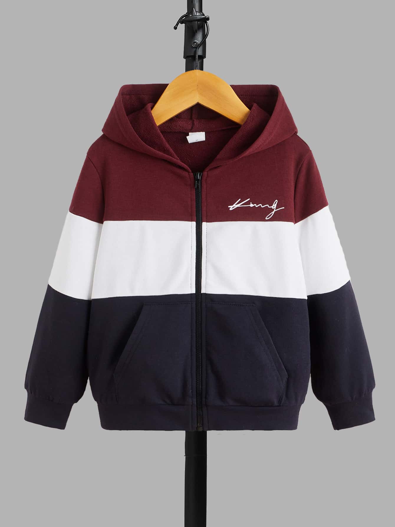 SHEIN 小男童字母圖案撞色拉鏈連帽衫