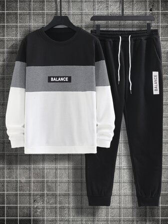 Guys Letter Graphic Color Block Pullover & Drawstring Waist Sweatpants