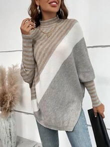 SHEIN LUNE Striped Pattern Mock Neck Batwing Sleeve Knit Poncho - Multicolor - View 1