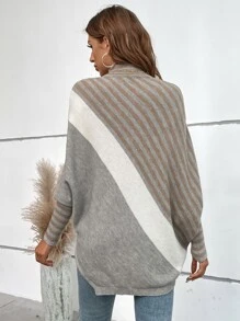 SHEIN LUNE Striped Pattern Mock Neck Batwing Sleeve Knit Poncho - Multicolor - View 2