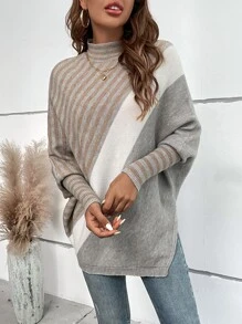 SHEIN LUNE Striped Pattern Mock Neck Batwing Sleeve Knit Poncho - Multicolor - View 3