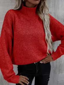 SHEIN LUNE High Neck Drop Shoulder Jumper - Red - View 2