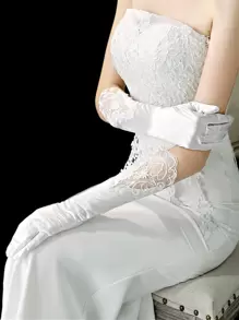 1pc White Bridal Gloves, Long Quatrefoil Satin Lace Embroidered Wrist Cuff, Wedding Photoshoot Accessories, European Style Autumn Accessories - White - View 2