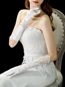 1pc White Bridal Gloves, Long Quatrefoil Satin Lace Embroidered Wrist Cuff, Wedding Photoshoot Accessories, European Style Autumn Accessories - White - View 3