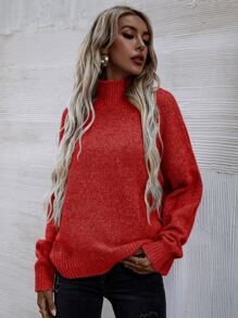 SHEIN LUNE High Neck Drop Shoulder Jumper - Red - View 4