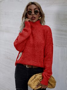 SHEIN LUNE High Neck Drop Shoulder Jumper - Red - View 5