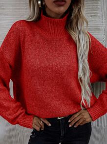 SHEIN LUNE High Neck Drop Shoulder Jumper - Red - View 6