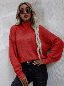SHEIN LUNE High Neck Drop Shoulder Jumper - Red - View 7