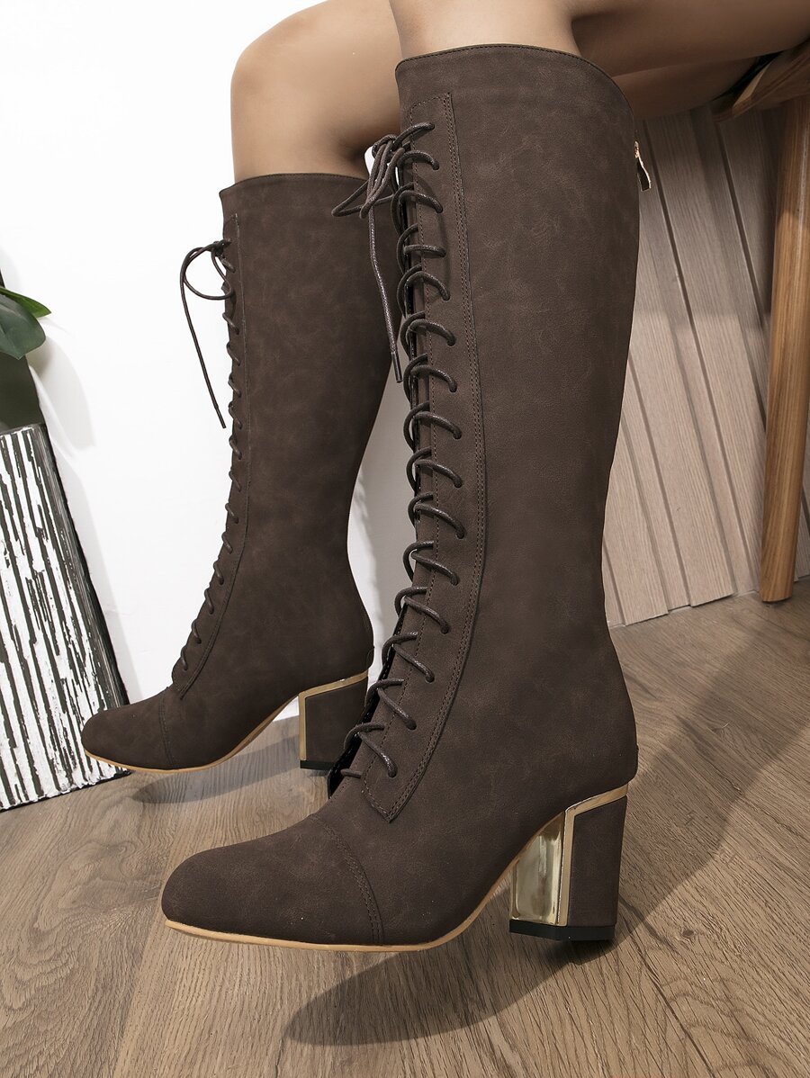 Zip Back Lace-up Front Chunky Heeled Classic Boots - Chocolate Brown - View 1