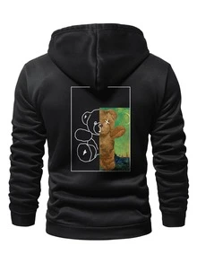Manfinity Men 1pc Bear Print Drawstring Hoodie - Black - View 3