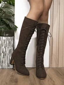 Zip Back Lace-up Front Chunky Heeled Classic Boots - Chocolate Brown - View 5