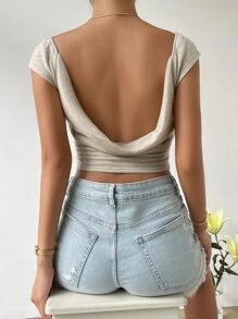 SHEIN Privé 素色露背短款T恤 - 杏色 - 查看 1