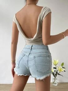 SHEIN Privé 素色露背短款T恤 - 杏色 - 查看 5