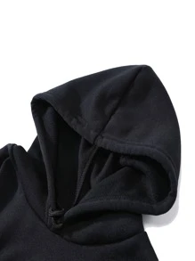 SHEIN EZwear Letter Graphic Kangaroo Pocket Drawstring Thermal Hoodie - Black - View 6