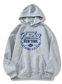 SHEIN EZwear Letter Graphic Kangaroo Pocket Drawstring Thermal Hoodie - Grey - View 1