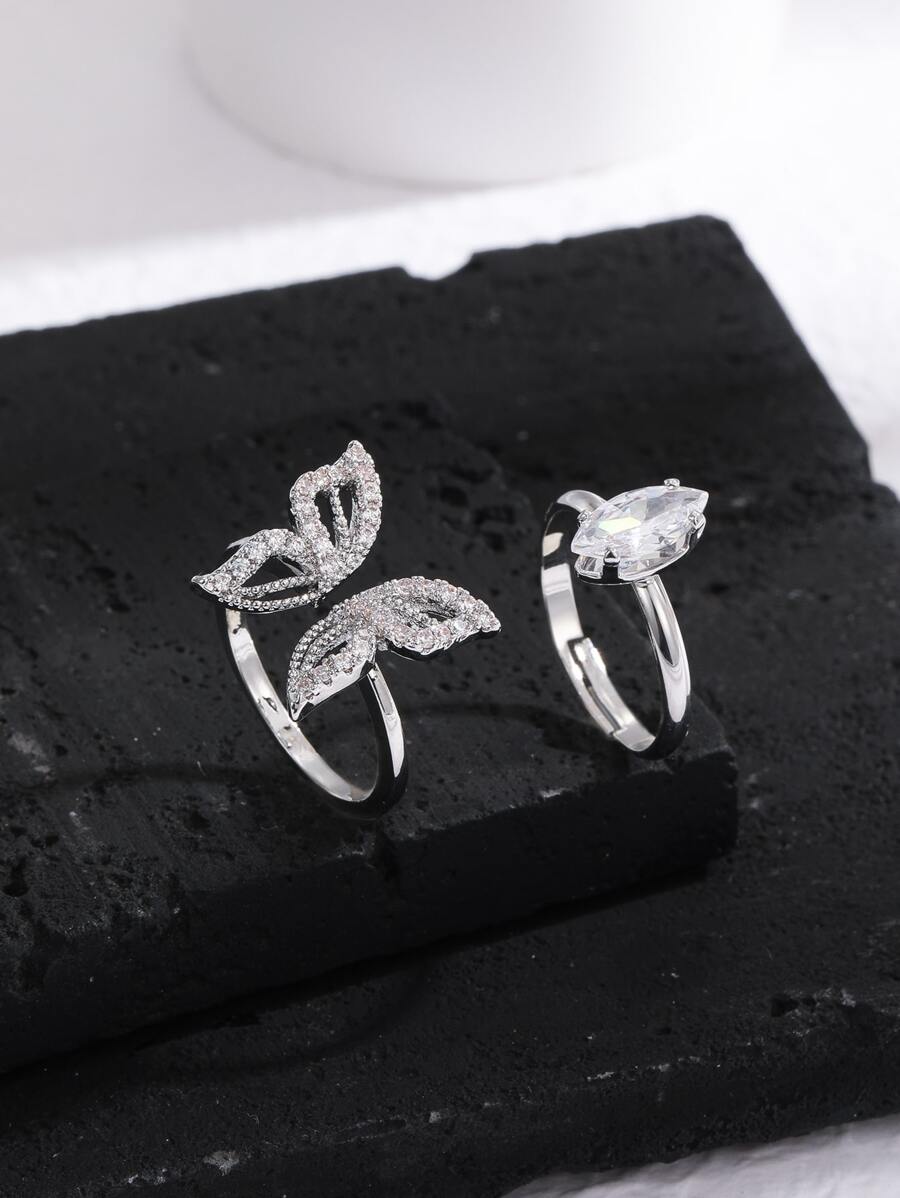 2 Miếng Nhẫn Khối Zirconia  Trang trí Bướm - Bạc - Xem 1