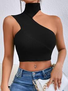 Chiquease Asymmetrical Neck Crop Knit Top