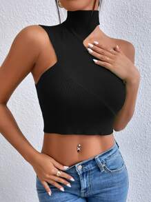 Chiquease Asymmetrical Neck Crop Knit Top