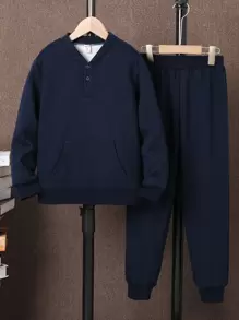 Chicos Pantalones deportivos con sudadera con bolsillo de canguro - Azul Marino - Ver 1
