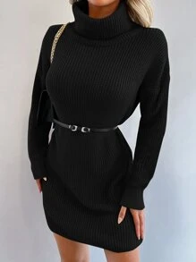 EURMUSE Turtleneck Drop Shoulder Jumper Dress Without Belt - Black - View 3