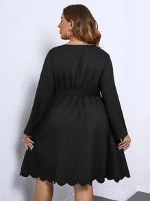 Plus Roll Tab Sleeve Scallop Trim Dress - Black - View 2