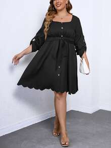 Plus Roll Tab Sleeve Scallop Trim Dress - Black - View 3