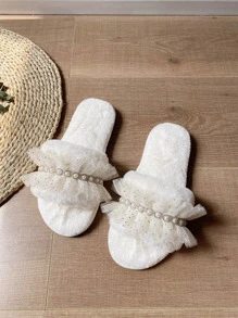 秋冬蕾丝面料家居时尚珍珠装饰女士拖鞋，春秋新款家居女式拖鞋，毛绒拖鞋 - 白色 - 查看 5