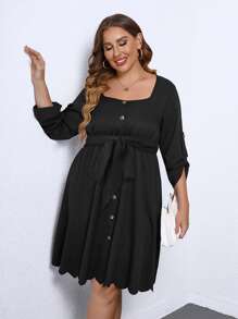 Plus Roll Tab Sleeve Scallop Trim Dress - Black - View 5